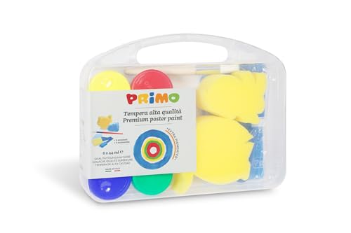 Primo 824VTLP Schulmalfarbe in Töpfchen, 6 Farben. Mehrzweckkoffer, 2 Schwämmen, 3 Schwammpinsel, 1 Jumbo Pinsel, 1 Kunststoffunterlage, Multicolour von Primo