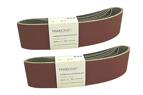 PrimoCraft 12x Bandschleifpapier 100 x 910 mm - Körnung 40/60/80/120/180/240 Mix je 2x pro Korn - Schleifband für Bandschleifer Schleifmaschine 12 Stück von PrimoCraft