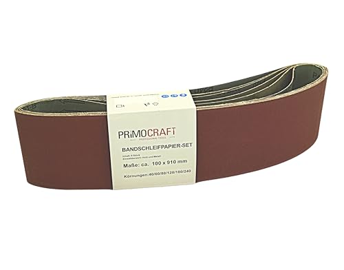 PrimoCraft 6x Bandschleifpapier 100 x 910 mm - Körnung 40/60/80/120/180/240 Mix je 1x pro Korn - Schleifband für Bandschleifer Schleifmaschine 6 Stück von PrimoCraft