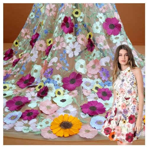 Primst 130 cm breite Blume bunt bestickte Spitzenbesatz 3D Applikation Stickerei Spitze Stoff für DIY handgefertigte Kleidung Abendkleid Heimdekoration (weiß) von Primst