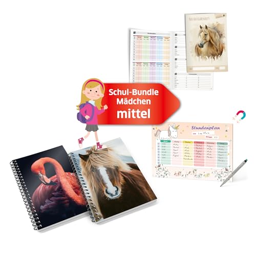 Schulstarterset für Mädchen - Geschenk - Hausaufgabenheft Pferde, Magnetischer und abwischbarer Einhorn Stundenplan & 2x Spiral-Notizblock - Idealer Schulstart - Grundschule [Mittel Set] PRIMUS PRINT von Primus-Print.de