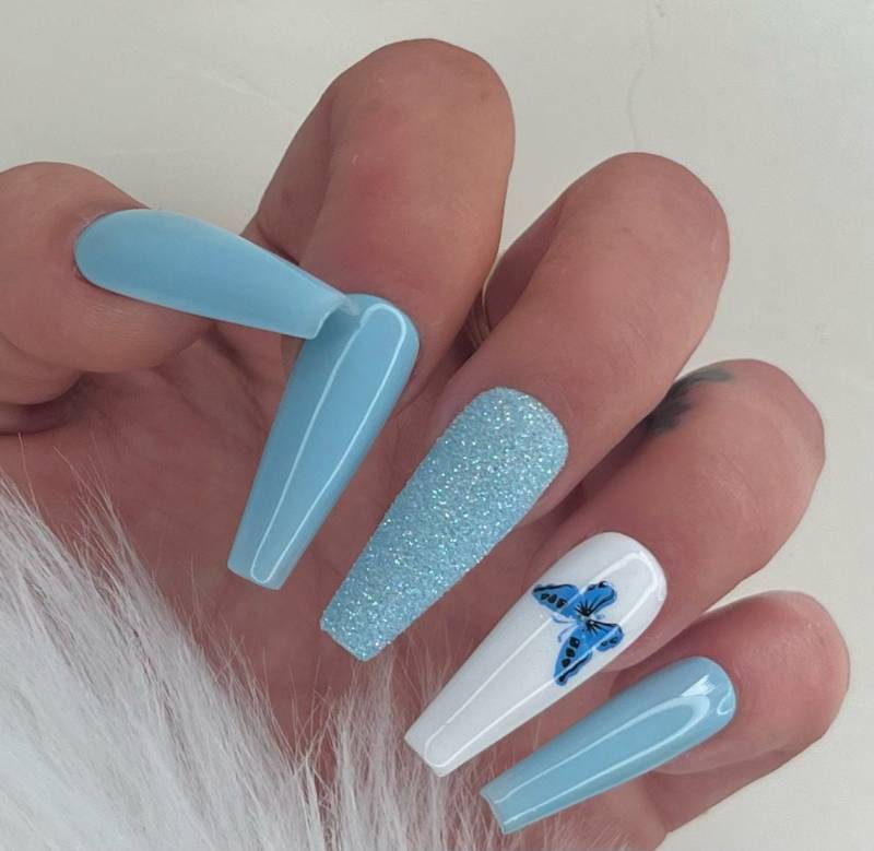 Press On Nails Baby Blau Weiß Butterfly Glitzer von PrincessNails01