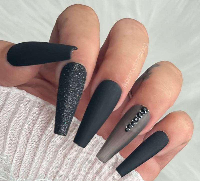 Press On Nails Beautiful Black Glitzer Schwarz Matt Steinchen von PrincessNails01