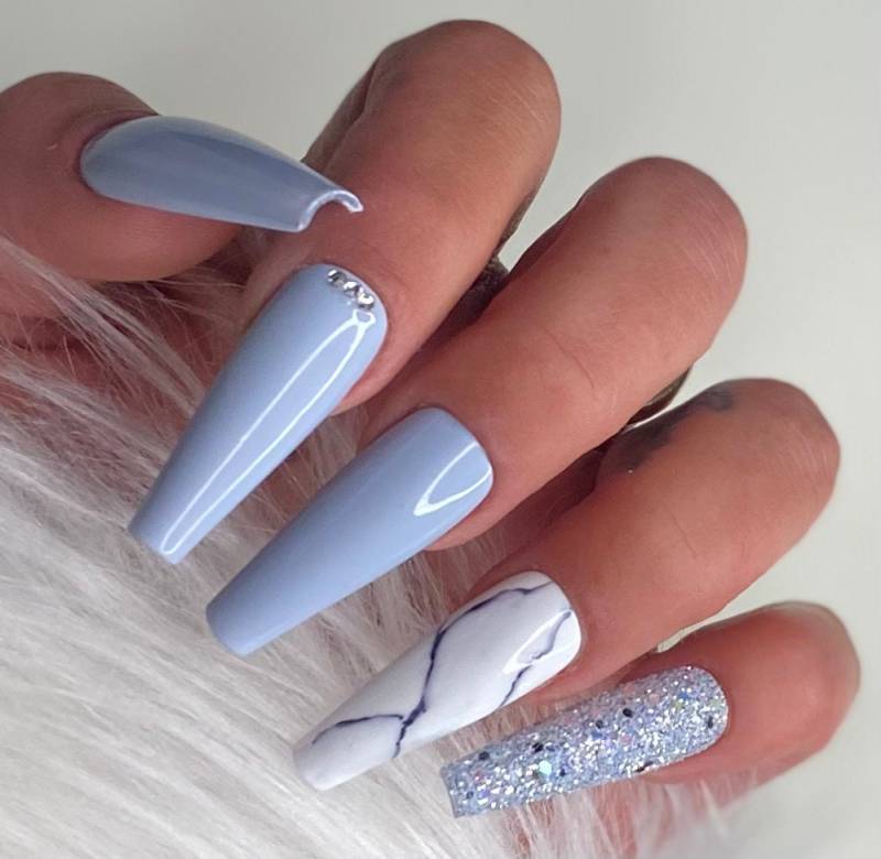 Press On Nails Marmor Weiß Blau-Grau Marble Glitzer von PrincessNails01