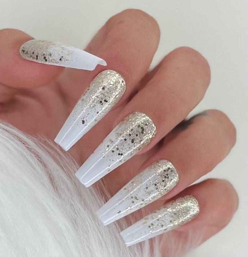 Press On Nails Milky White Gold Glitzer Boomer Weiß von PrincessNails01