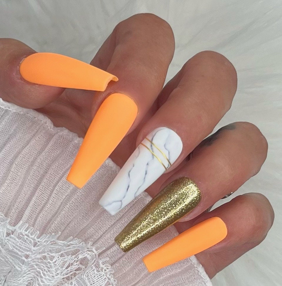 Press On Nails Orange Marmor Matt Glitzer Gold Marble von PrincessNails01