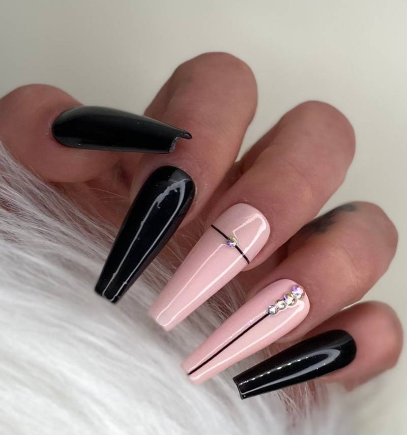 Press On Nails Schwarz Rosa Steinchen & Stripes von PrincessNails01