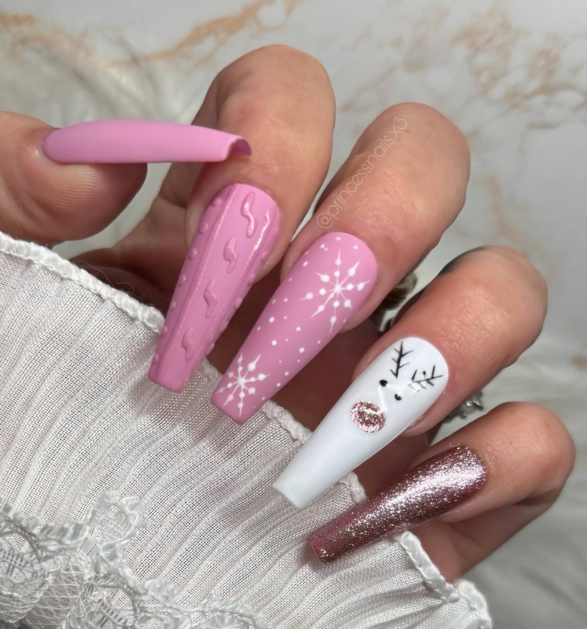 Press On Nails Winter Rentier Altrosa Weiß Strickmuster Schneeflocke Rosa Rose Chrom von PrincessNails01