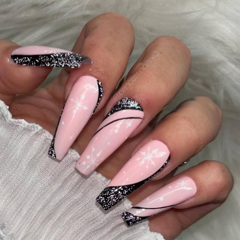 Press On Nails Winter Rosa Schwarz Glitzer Flash Schneeflocken von PrincessNails01