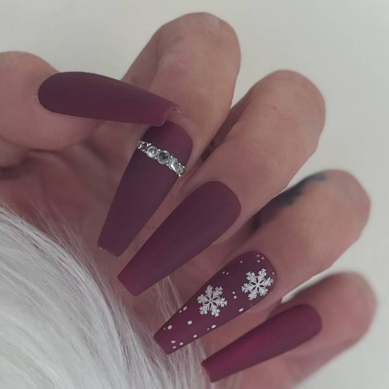 Press On Nails Winter Weinrot Matt Schneeflocke Steinchen Rot von PrincessNails01