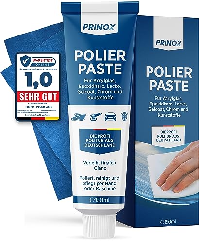 PRINOX 150ml Polierpaste inkl. Profi Poliertuch I Politur für Acrylglas, Epoxidharz, Lacke, Gelcoat gfk, Chrom & Kunststoffe I Entfernt Mattierungen & Mikro Kratzer von Prinox