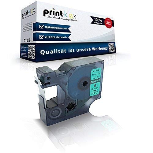 Print-Klex Schriftband kompatibel für Dymo D1 45019 Labelmanager 100 100Plus 100Series 120P 150 160 200Serie 210 D 220P 260P 280 300 S0720590 12mm x7m Black on Green Etiketten - Easy Line Serie von Print-Klex GmbH & Co.KG