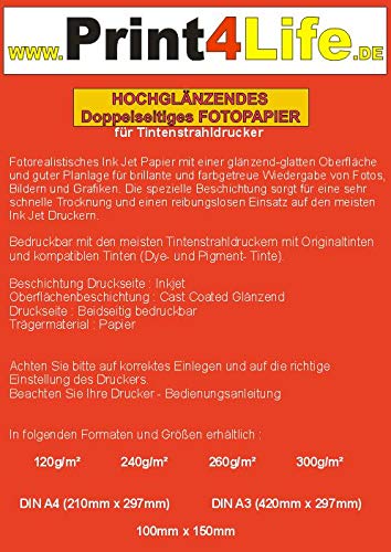 50 Blatt DIN A4 Fotopapier 240g /m² doppelseitig hochglänzend wasserfest lichtecht bis 9600 dpi bedruckbar Beidseitig beschichtet von Print4Life