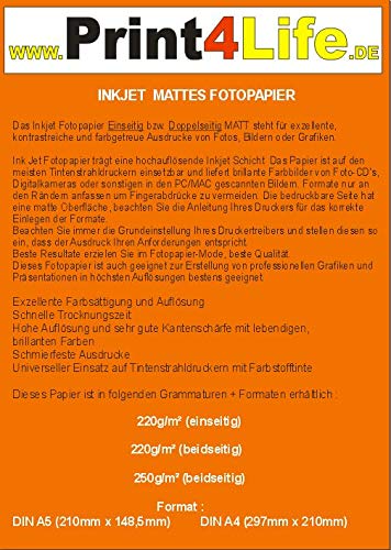 Premium Fotopapier A4, 250 g/m², doppelseitig matt, 50 Stück von Print4Life