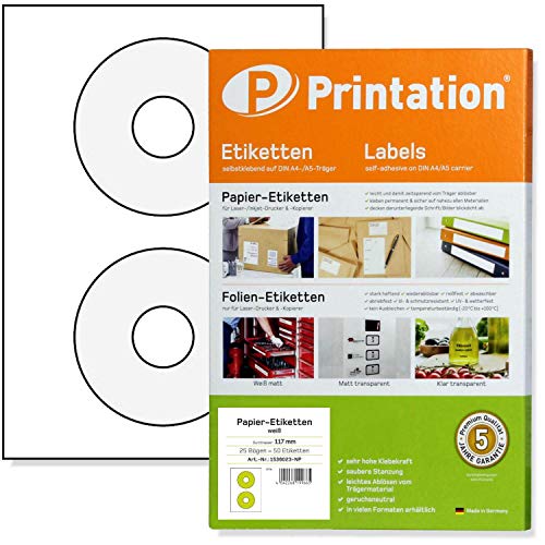 Printation CD DVD Etiketten weiß selbstklebend rund blickdicht bedruckbar - 50 Aufkleber/Sticker auf 25 Blatt DIN A4 Papier Durchmesser 117 mm - CD Etiketten bedruckbar selbstklebend - MADE IN GERMANY von Printation