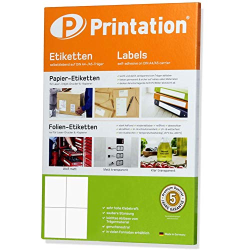 Printation Etiketten 105 x 148 mm weiß - 10 A4 Blätter zu je 4 Etiketten selbstklebend bedruckbar 2x2 105x148-40 Paketaufkleber Versandetiketten Versandaufkleber DIN A6 3483 6120 6124 4627 4676 5063 von Printation