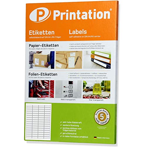 Printation Etiketten Selbstklebend 48,5 x 16,9 mm - 640 Klebeetiketten Zum Bedrucken - 64 Aufkleber Pro Bogen, 10 Blatt A4, Matt, Blanko, Weiß - bedruckbar mit Inkjet, Laser und Kopierer, 48x16 4x16 von Printation