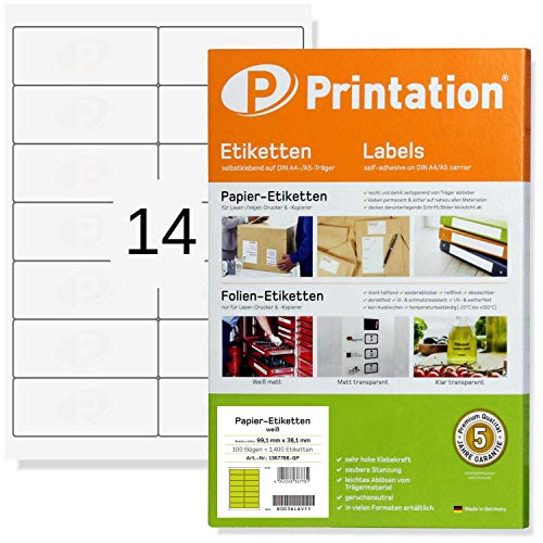 Printation Etiketten 99,1 x 38,1 mm - 350 Adressaufkleber selbstklebend blanko weiß bedruckbar - Papier Adressetiketten auf 25 DIN A4 Bogen 2x7-14 Stück pro Blatt Labels/Sticker 99,1x38,1 4678 5076 von Printation