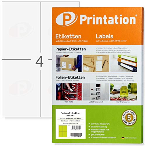 Printation 105 x 148,5 mm Wetterfeste Folienetiketten 105 x 148,5 mm weiß matt - 10 Blatt - 4 Etiketten selbstklebend pro A4 Bogen A6 40 Klebeetiketten bedruckbar 105x148,5 Laser Drucker wasserfest von Printation