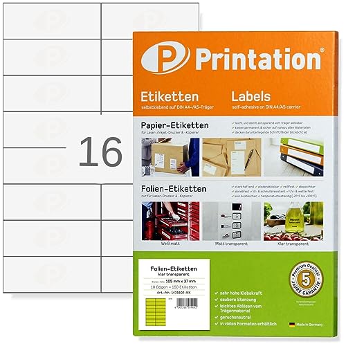 Printation Folienetiketten transparent klar 105 x 37 mm - 25 DIN A4 Bogen - 16 Sticker pro Blatt 2x8-160 Klebe-Etiketten selbstklebend 105x37 durchsichtig mit Laser Drucker bedruckbare Klebefolie von Printation