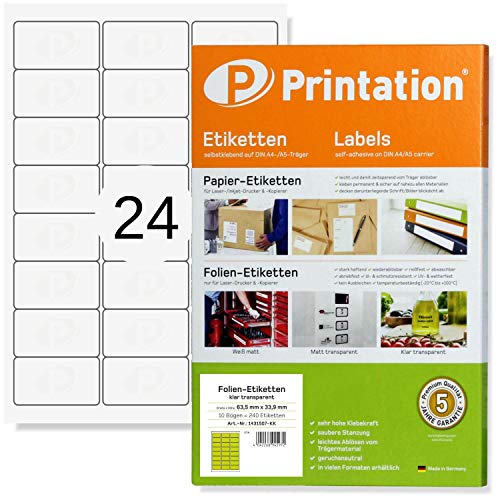 Printation Folien-Etiketten transparent klar 63,5 x 33,9 mm - 10 Blatt / 24 Sticker glasklar durchsichtig pro A4 Bogen 3x8-240 Aufkleber wasserfest 63,5x33,9 - Laser-Drucker bedruckbare Klebefolie von Printation