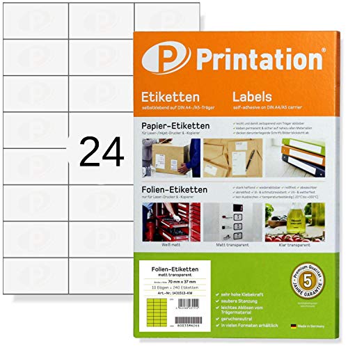 Printation 70 x 37 mm Folien-Etiketten selbstklebend matt transparent - 24 Aufkleber pro A4 Bogen 10 Blatt - 240 70x37 Klebeetiketten wasserfest - bedruckbare Klebefolie transparent für Laser-Drucker von Printation