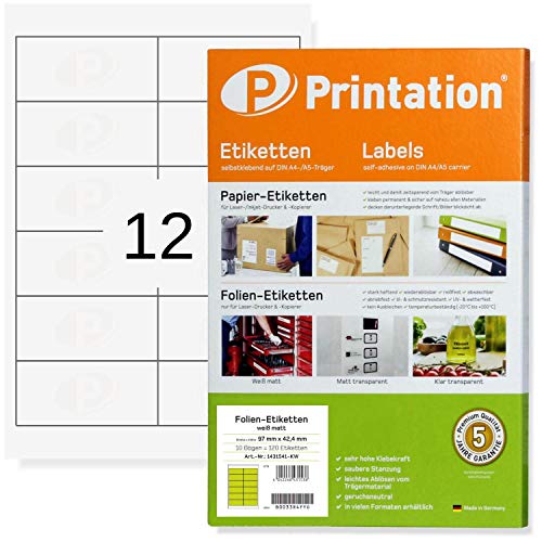 Printation Folien-Etiketten wasserfest 97 x 42,4 mm - 25 Blatt / 12 Aufkleber pro A4 Bogen 2x6-120 Klebeetiketten 97x42,4 - Klebe-Folie Laser-Drucker bedruckbare Klebefolie weiß outdoor wetterfest von Printation