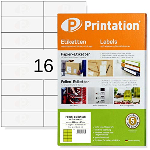 Printation 105 x 37 mm Folien-Etiketten klar transparent auf DIN A4 Bogen - 16 Sticker durchsichtig pro Blatt 25 Blatt A4-400 Sticker 105x37 Folien A4 glasklar selbstklebend Laser Drucker bedruckbar von Printation