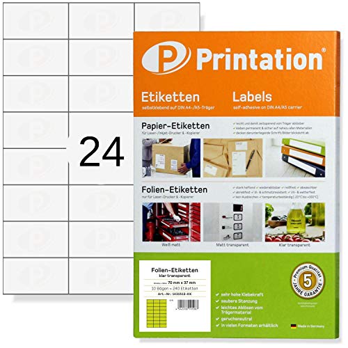 Printation 70 x 37 mm Folien-Etiketten selbstklebend glasklar transparent - 24 Sticker pro A4 Bogen 3x8-10 Blatt 240 70x37 Klebeetiketten selbstklebend klar Klebe-Folie mit Laser Drucker bedruckbar von Printation