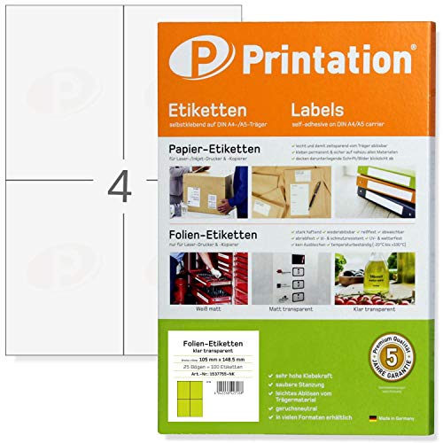 Printation Folienetiketten transparent kristallklar 105 x 148,5 mm - 4 Aufkleber/Etiketten pro A4 Bogen 2x2 auf 25 Blatt - 100 Folien Aufkleber/Etiketten 105x148,5 - Folien A4 glasklar bedruckbar von Printation