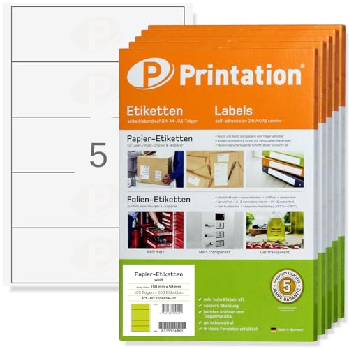 Printation Ordnerrücken Etiketten breit 190 x 58 mm weiß bedruckbar - 2500 Ordneretiketten selbstklebend breit auf 500 DIN A4 Bogen BigPack 1x5-5 pro Blatt - 190x58 58x190 Ordner-Rückenschilder 58 von Printation