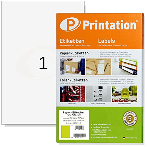 Printation 210 x 297 mm Power Etiketten Haft-PLUS stark haftend, selbstklebend bedruckbar - 100 Blatt DIN A4 210x297 Universal Klebeetiketten weiß Papier Labels/Aufkleber/Stickerpapier 3478 6119 4631 von Printation