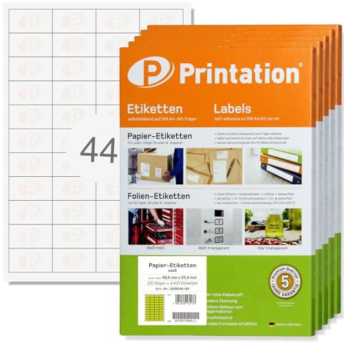 Printation Amazon FBA Etiketten 48,5 x 25,4 mm 44-22000 Aufkleber auf 500 Blatt DIN A4-4x11 48,5x25,4 Universal Papier Labels blanko weiß selbstklebend - SKU Barcode Produkt Artikel Sticker 48x25 von Printation