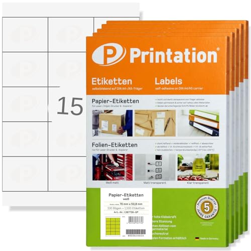 Printation 70 x 50,8 mm Disketten, Buch Marmeladen Etiketten selbstklebend blanko weiß - 7500 Labels 70x50,8 auf 500 A4 Bogen 3x5 BigPack - 16 pro A4 Blatt - Klebeetiketten bedruckbar - 3669 4278 5055 von Printation