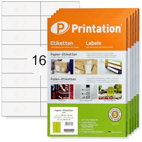 Printation Etiketten 105 x 37 mm - 8000 Aufkleber 500 Blatt DIN A4 2x8-105x37 Universal Labels blanko weiß selbstklebend 16 pro Bogen Papier Klebe-Etiketten zum beschriften/bedrucken 3484 4462 4620 von Printation