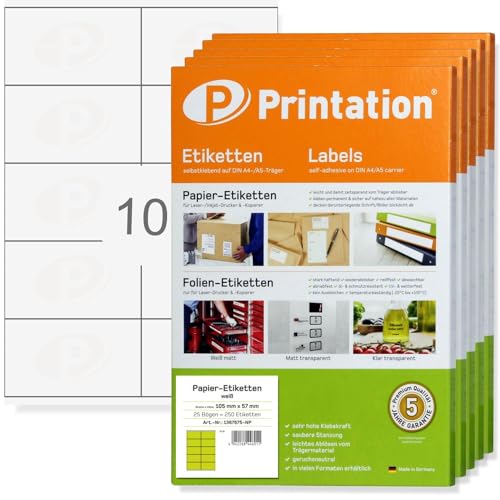 Printation Etiketten 105 x 57 mm BigPack - 5000 Aufkleber auf 500 Blatt DIN A4 2x5-10 Aufkleber 105x57 pro Blatt - Universal Labels blanko weiß - Adressetiketten Klebeetiketten bedruckbar 3425 4425 von Printation