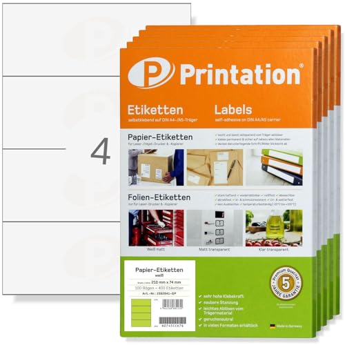 Printation Etiketten 210 x 74 mm selbstklebend weiß zum bedrucken - 2000 Aufkleber 1x4 210x74 - Labels auf 500 DIN A4 Bogen 1x4 BigPack - 4 pro Blatt - Klebeetiketten 8405 DATAPRINT VDA ODETTE Laser von Printation