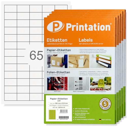 Printation Etiketten 38,1 x 21,2 mm - 32500 Stück weiß selbstklebend bedruckbar - 500 A4 Bogen à 5x13 Universal Labels Aufkleber klein - 3666 L7651 4606 von Printation