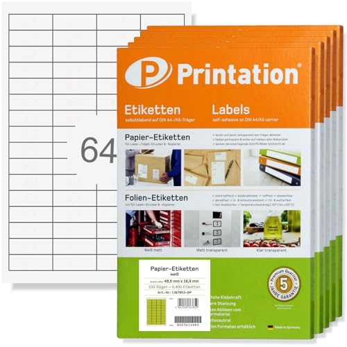 Printation Etiketten 48,5 x 16,9 mm - 32000 Labels blanko weiß selbstklebend bedruckbar - 500 A4 Bogen à 4x16 48,5x16,9 Sticker - 64 pro Blatt - Universal-Aufkleber BigPack 3667 4226 4271 4607 von Printation