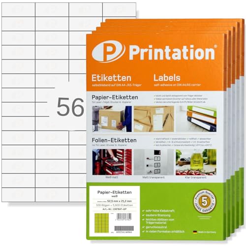 Printation Etiketten 52,5 x 21,2 mm - BigPack / 28000 Aufkleber auf 500 DIN A4 Bogen à 4x14 52,5x21,2 Universal Labels - Drucker Klebepapier/Haftetiketten weiß selbstklebend bedruckbar 3668 4273 5052 von Printation