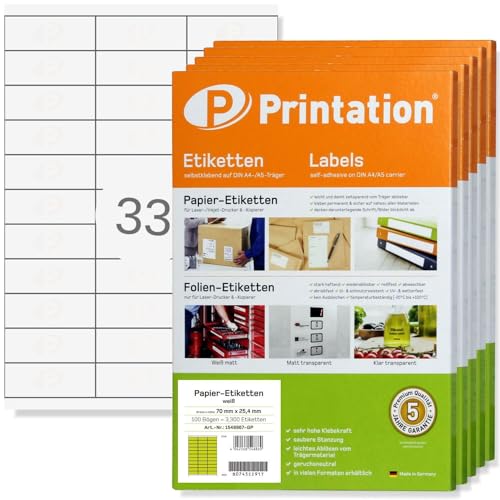 Printation 16500 70 x 25,4 mm Etiketten selbstklebend bedruckbar weiß - 500 DIN A4 Bogen Bigpack - Universal Etiketten 70x25,4-33 pro Blatt 3x11 - Adressetiketten Absenderetiketten 3421 4455 LA121 von Printation