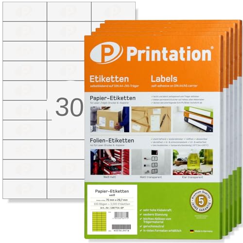 Printation Universal Etiketten 70 x 29,7 mm für Kennzeichnungen blanko selbstklebend weiß bedruckbar - 15000 70x29,7 Labels auf 500 DIN A4 Bogen 3x10-30 Aufkleber zum bedrucken pro Blatt - 3489 4456 von Printation