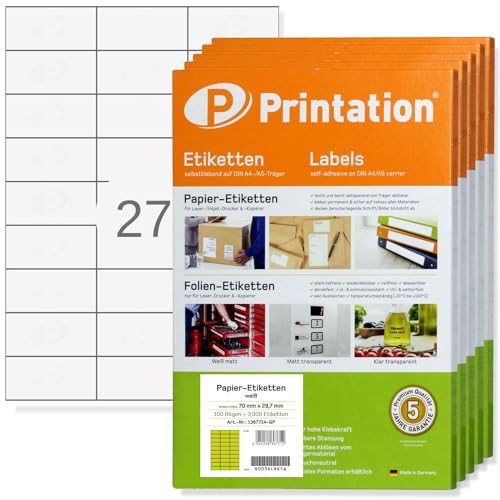 Printation Etiketten 70 x 32 mm blanko weiß - 13500 Klebeetiketten - 500 DIN A4 Bogen à 3x9 / BigPack - 27 70x32 Etiketten selbstklebend bedruckbar pro Blatt - Universal Haftetiketten 3479 4450 4440 von Printation