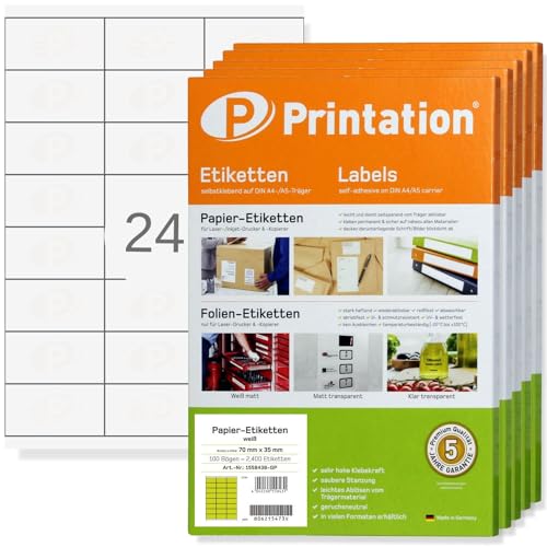 Printation Etiketten 70 x 35 mm - 12000 Adressetiketten selbstklebend bedruckbar weiß 70x35-500 DIN A4 Bogen BigPack zu 3x8 / 24 Klebeetiketten/Adressaufkleber pro Blatt - Internetmarke 4429 3422 von Printation