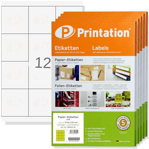 Printation 70 x 67,7 mm Etiketten selbstklebend bedruckbar - 6000 Klebeetiketten Marmeladen-Etiketten weiß auf 500 DIN A4 Bogen 3x4 70x67,7 BigPack - 12 pro Blatt - Universal Adressetiketten 4279 3661 von Printation