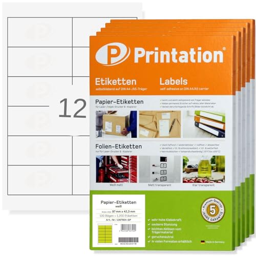 Printation Etiketten 97 x 42,3 mm - 6000 Aufkleber auf 500 Blatt DIN A4 BigPack - 2x6 12 97x42,3 Adressaufkleber selbstklebend blanko weiß - Adressetiketten Briefversand 4623 5056 LA140 3659 4781 von Printation