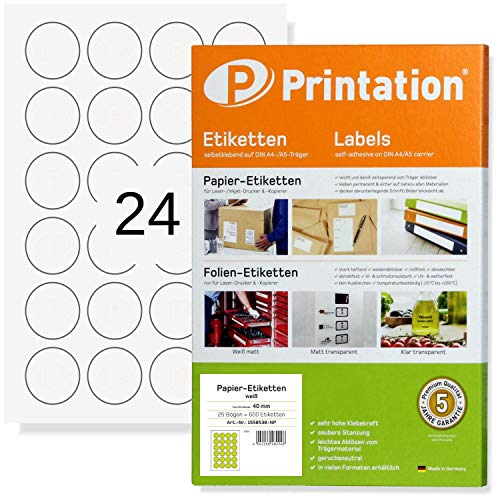 Printation Etiketten rund 40mm - 600 Klebeetiketten zum bedrucken auf 25 DIN A4 Bogen 4x6-24 Aufkleber/Sticker pro Blatt - Aufkleber rund 40mm / Klebepunkte selbstklebend blanko weiß 40 mm rund von Printation