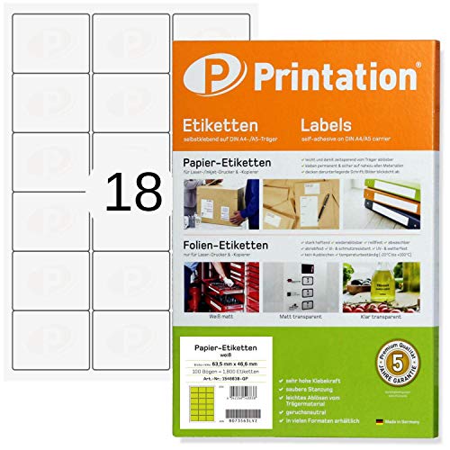 Printation Universal Adress-Etiketten 63,5 x 46,6 mm Brief Etiketten selbstklebend weiß - 1800 63,5x46,6 Adressetiketten auf 100 DIN A4 Bogen 3x6 18 abgerundete Ecken Adressaufkleber 4501 4265 L7161 von Printation