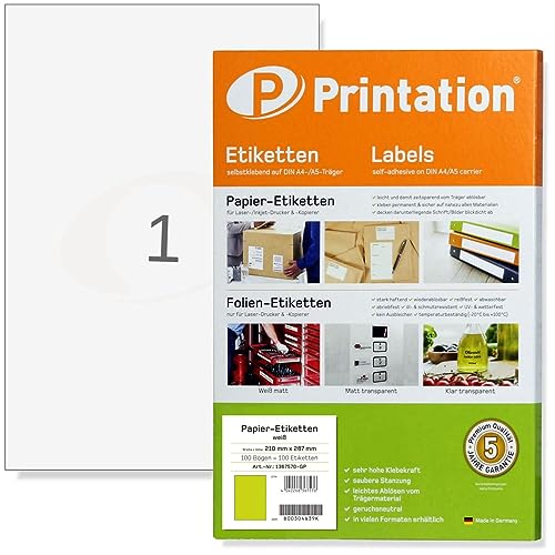 Printation Klebeetiketten A4 zum Bedrucken - 100 Etiketten selbstklebend 210x297mm, 1 pro A4 Bogen, 100 Blatt Klebepapier A4 Bedruckbar - Sticker Papier zum Bedrucken, Weiß, Für Inkjet & Laser Drucker von Printation