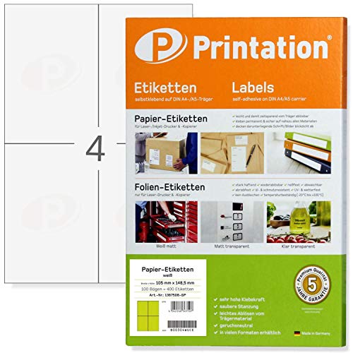 Printation Universal Etiketten 105 x 148 mm, 400 Versandetiketten selbstklebend, 4 Etiketten Selbstklebend A6 pro Blatt, 100 Blatt A4, Versandetiketten selbstklebend, Versand-Aufkleber zum Bedrucken von Printation